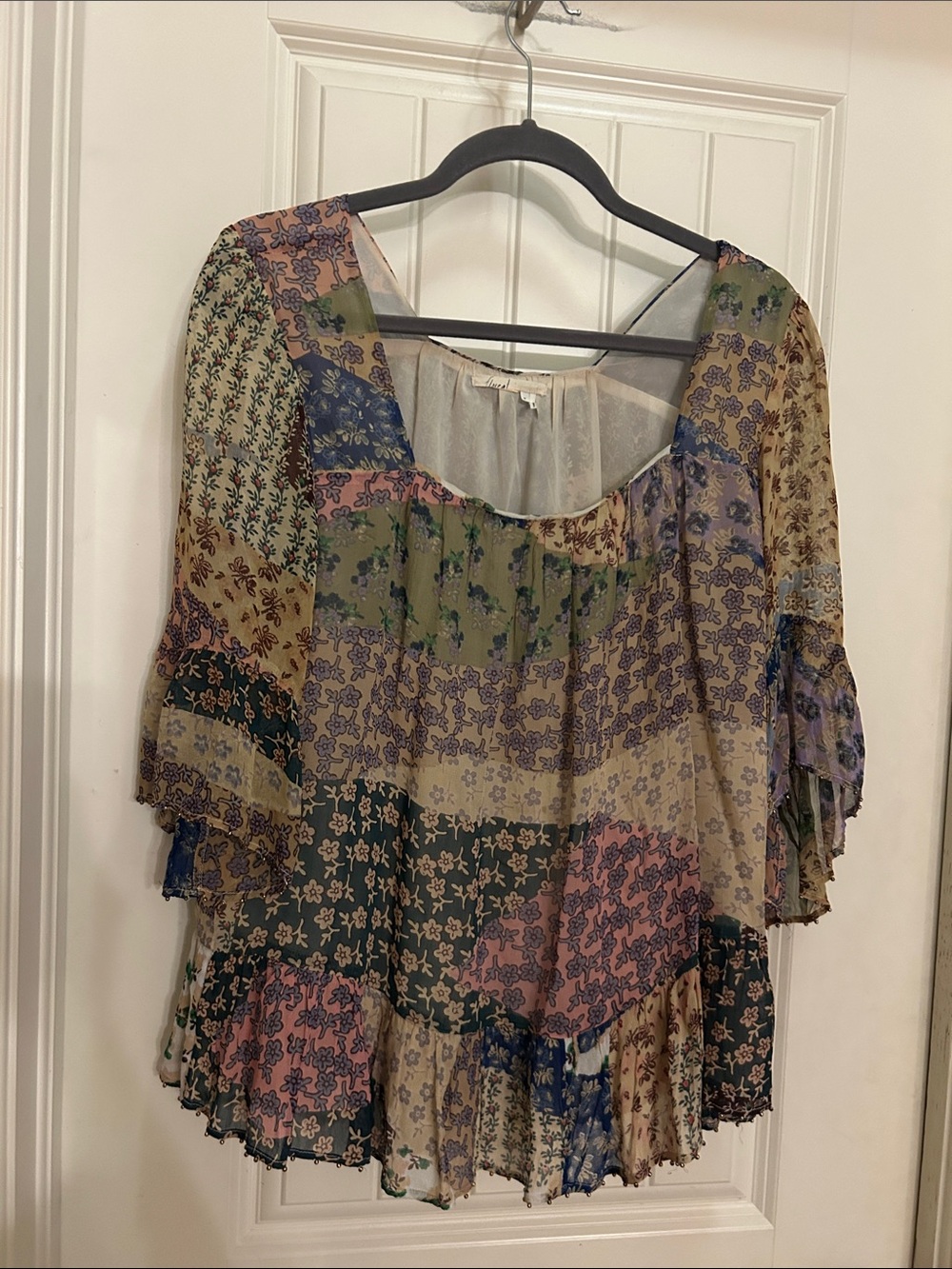Boho Anthropologie Floral Patchwork Peasant Top - Multicolor